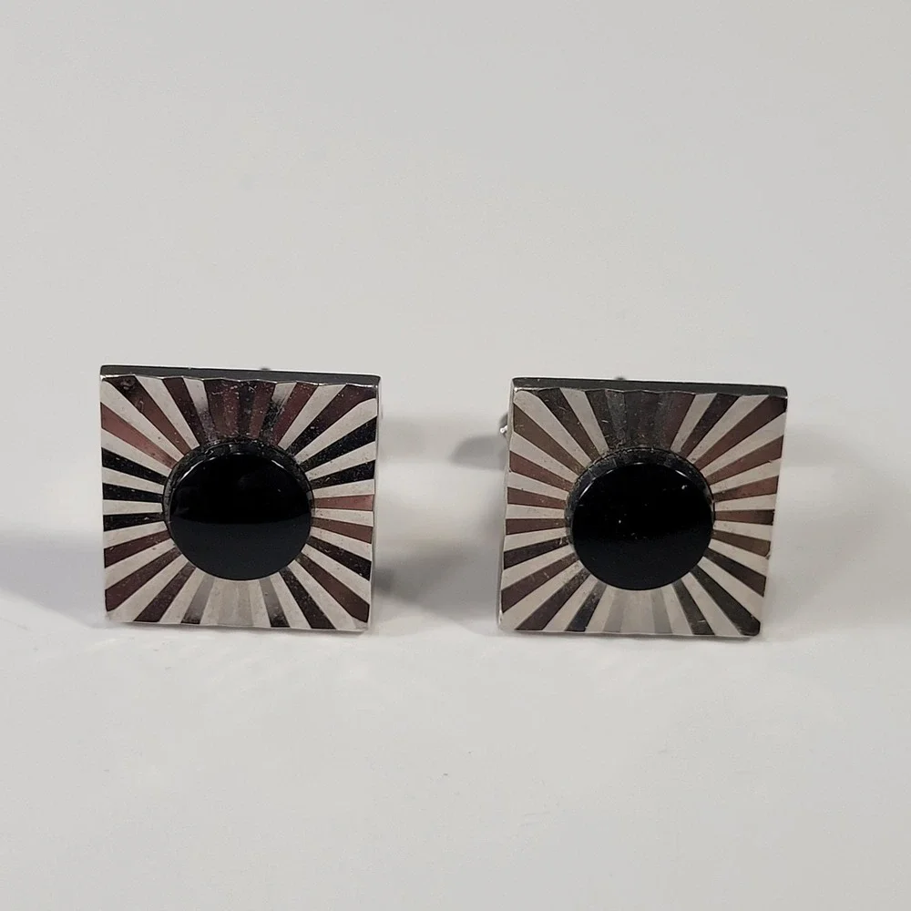 Vintage Swank Cufflinks Mens Silver Tone Black Stone Sunburst Square Design